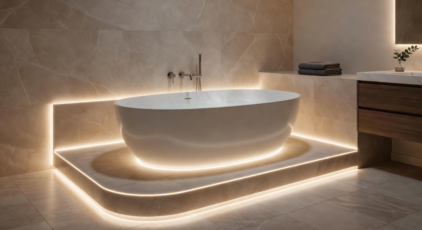 Decorative LED strip lighting along a bathtub edge