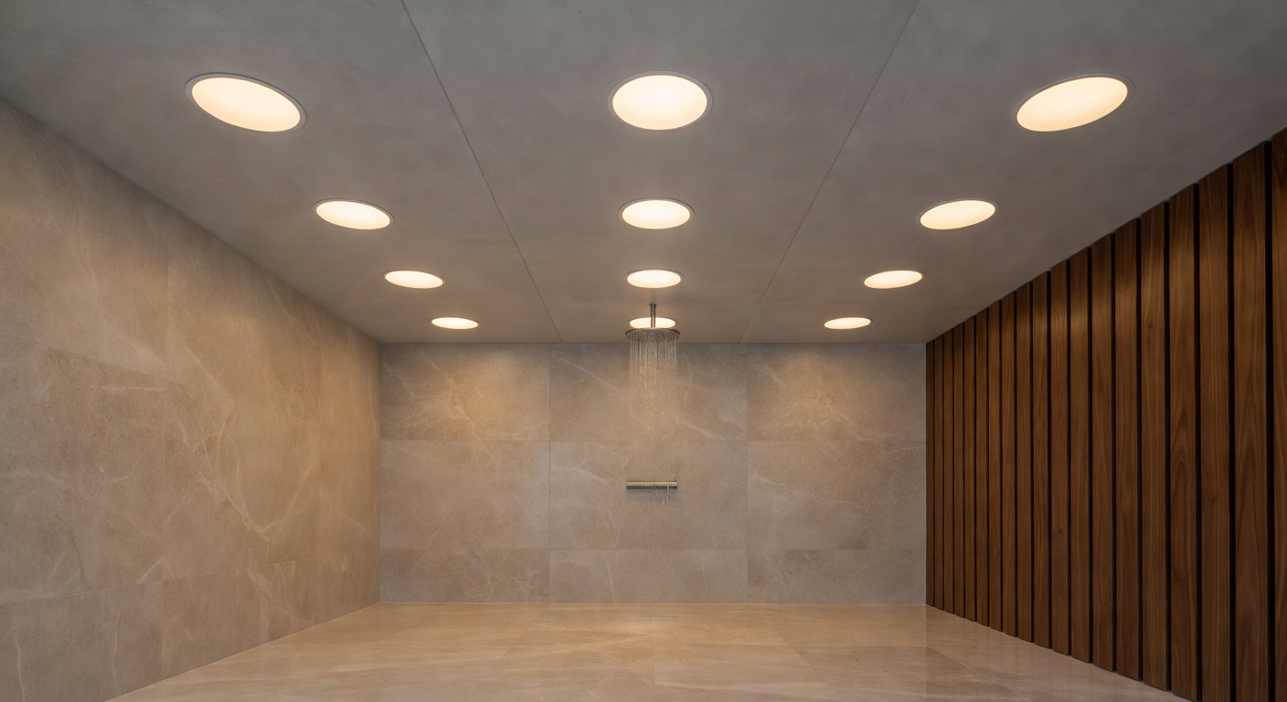 Dimmable LED shower ceiling lights in a modern bathroom