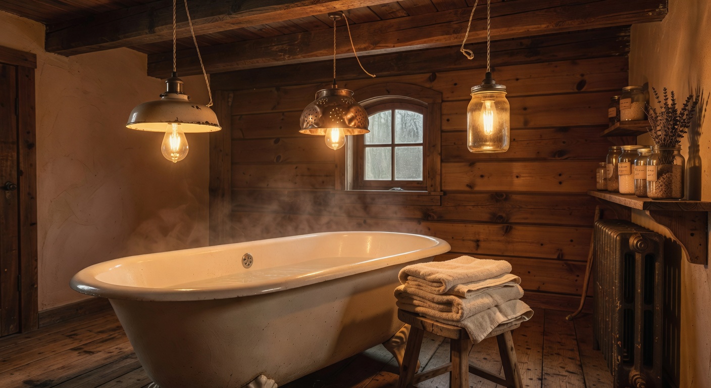 Rustic pendant LED lights in a bathroom setting